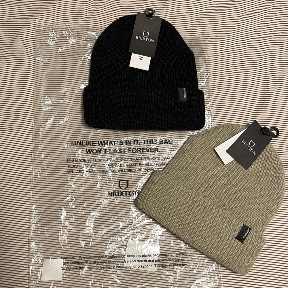 2 Lot BRIXTON Heist Beanie Knit Hat BLACK, BEIGE Unisex NWT
